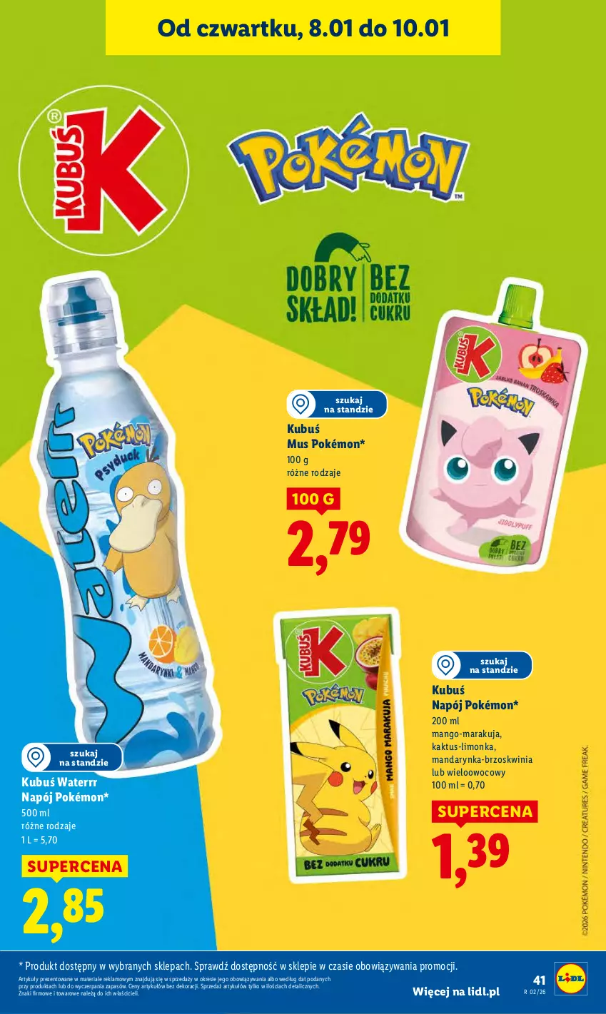 Gazetka promocyjna Lidl - GAZETKA - ważna 08.01 do 10.01.2026 - strona 41 - produkty: Kaktus, Kubuś, Kubuś Waterrr, Limonka, Mango, Mus, Napój, Pokémon