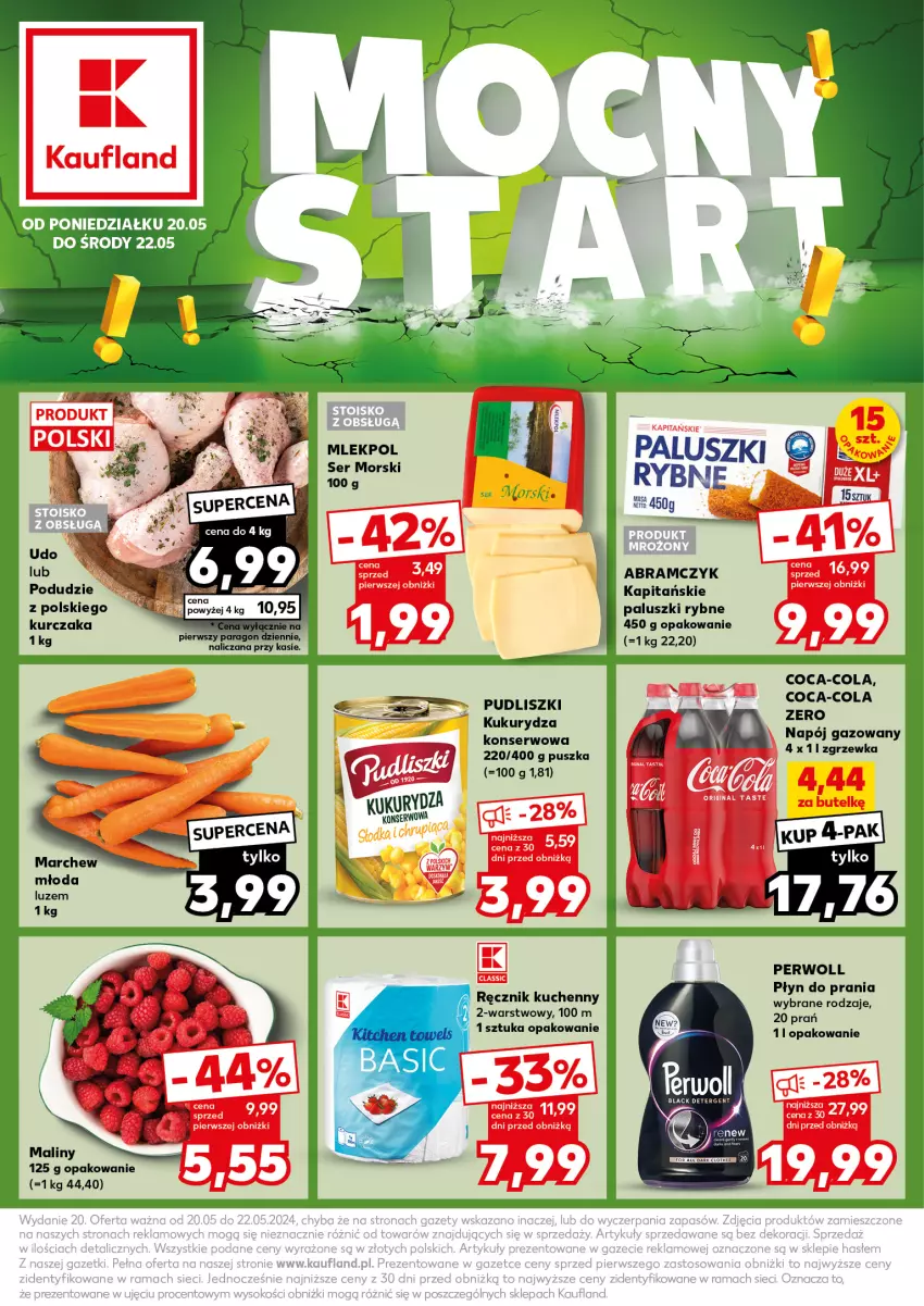 Gazetka promocyjna Kaufland - Kaufland - ważna 20.05 do 22.05.2024 - strona 1 - produkty: Coca-Cola, Kukurydza, Kukurydza konserwowa, Kurczak, Maliny, Napój, Napój gazowany, Paluszki rybne, Perwoll, Płyn do prania, Pudliszki, Ręcznik, Ręcznik kuchenny, Ser