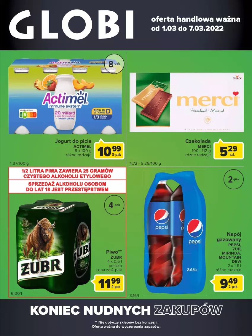 Gazetka promocyjna Carrefour - Gazetka Globi - ważna 01.03 do 07.03.2022 - strona 2 - produkty: 7up, Actimel, Czekolada, Gra, Jogurt, Merci, Mirinda, Napój, Napój gazowany, Pepsi, Piwa, Piwo