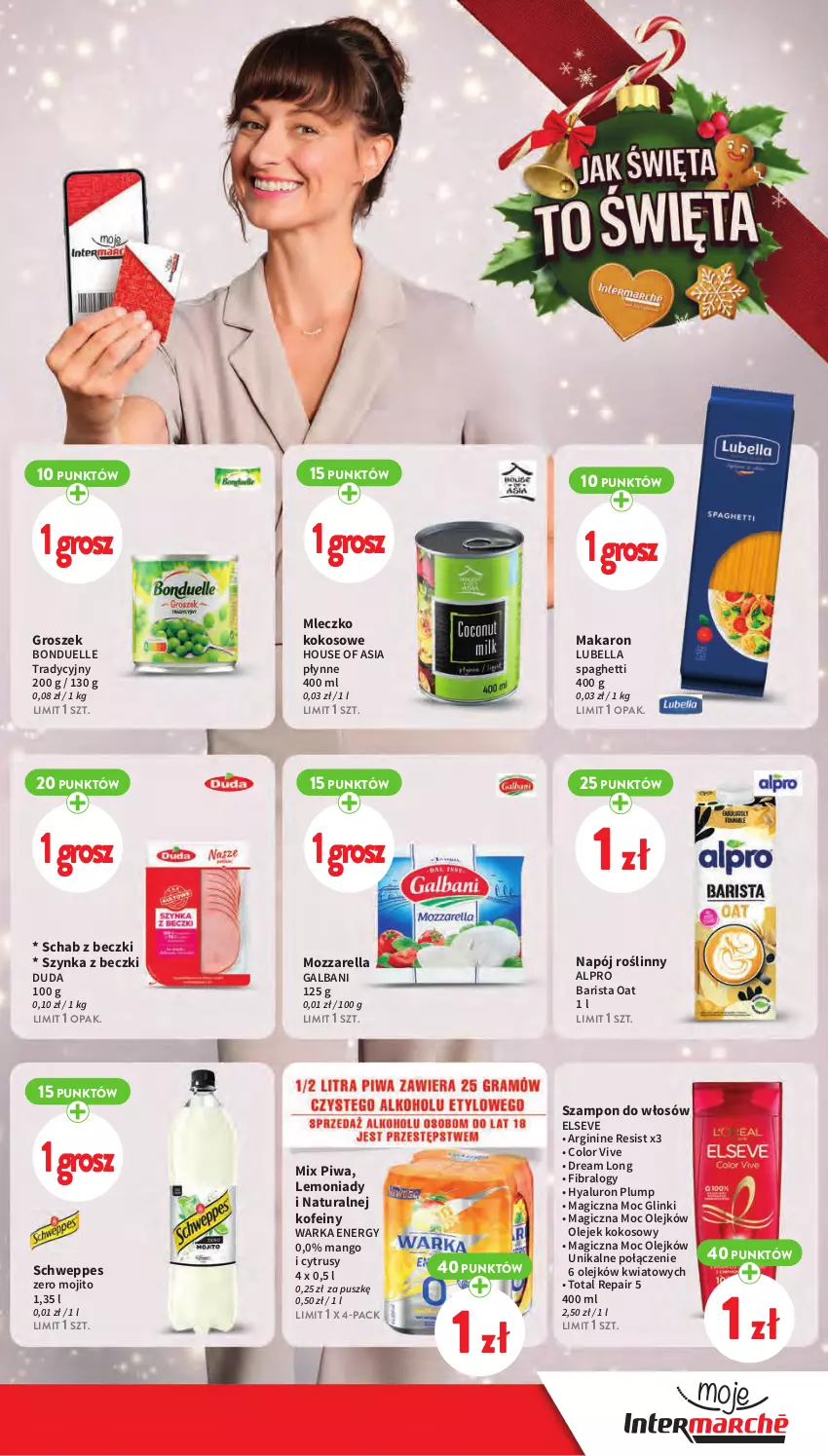 Gazetka promocyjna Intermarche - Gazetka Intermarche - ważna 07.12 do 13.12.2023 - strona 11 - produkty: Alpro, Bell, Bella, Bonduelle, Duda, Elseve, Galbani, Gin, Groszek, House of Asia, Kokos, Lubella, Makaron, Mango, Mleczko, Mozzarella, Napój, Napój roślinny, Olej, Piwa, Schweppes, Spaghetti, Szampon, Szynka, Szynka z beczki, Warka