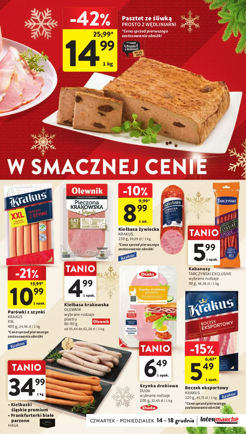 Gazetka promocyjna Intermarche - Gazetka Intermarche - ważna 07.12 do 13.12.2023 - strona 29 - produkty: Boczek, Duda, Frankfurterki, Kabanos, Kiełbasa, Kiełbasa krakowska, Kiełbaski śląskie, Krakus, Olewnik, Parówki, Parówki z szynki, Pasztet, Por, Sport, Szynka, Tarczyński