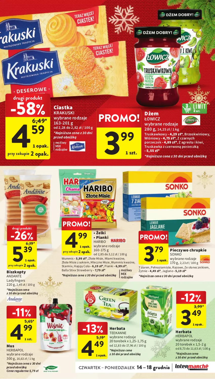 Gazetka promocyjna Intermarche - Gazetka Intermarche - ważna 07.12 do 13.12.2023 - strona 39 - produkty: Biszkopty, Chrupki, Ciastka, Dżem, Gres, Haribo, Herbapol, Herbata, Kiwi, Krakus, Krakuski, Mus, Piec, Pieczywo, Pieczywo chrupkie, Por, Sok, Sonko, Teekanne