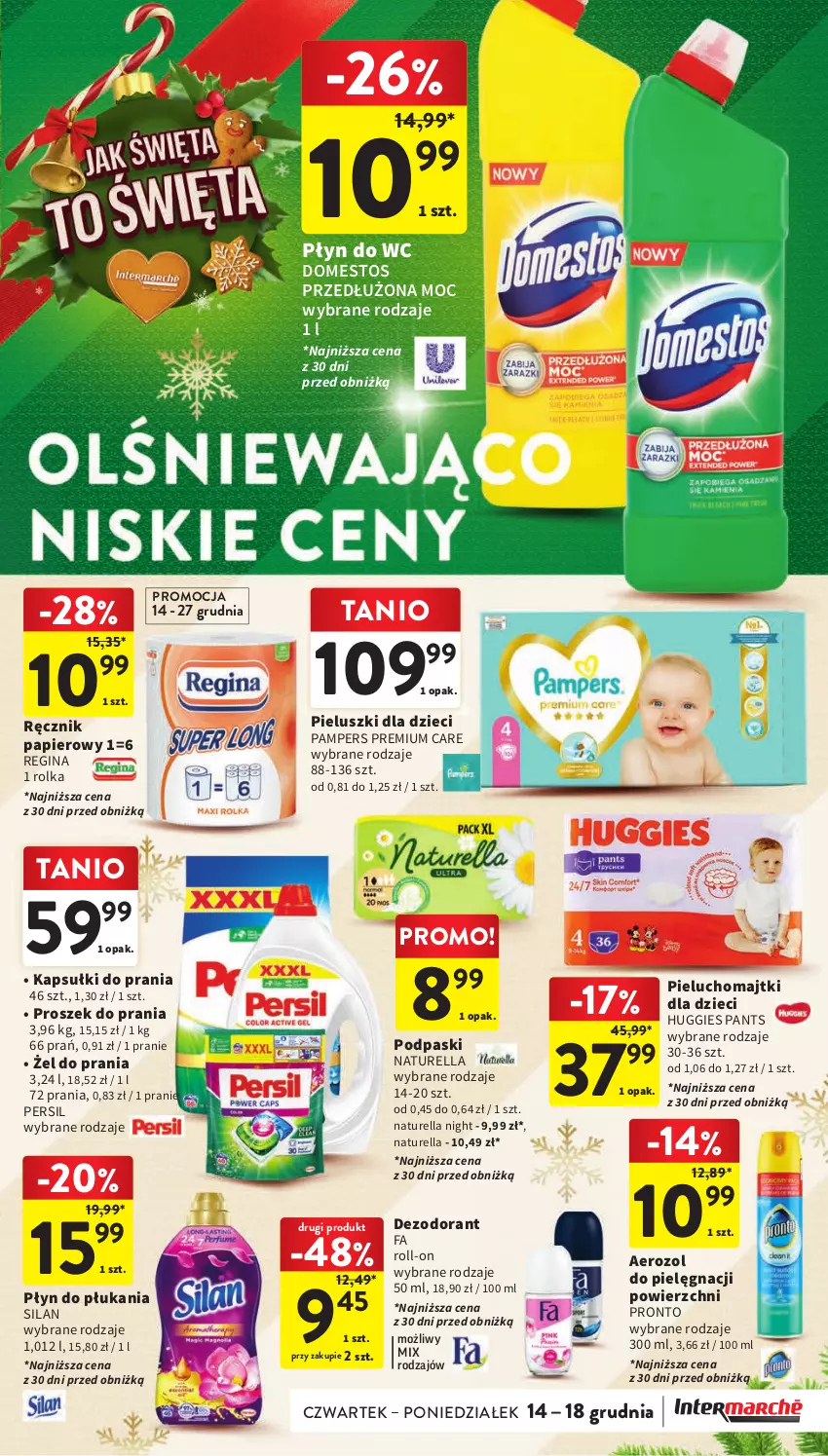 Gazetka promocyjna Intermarche - Gazetka Intermarche - ważna 07.12 do 13.12.2023 - strona 43 - produkty: Dezodorant, Domestos, Dzieci, Fa, Gin, Huggies, Kapsułki do prania, Majtki, Naturell, Naturella, Pampers, Papier, Persil, Pieluchomajtki, Płyn do płukania, Płyn do wc, Podpaski, Pronto, Proszek do prania, Ręcznik, Silan