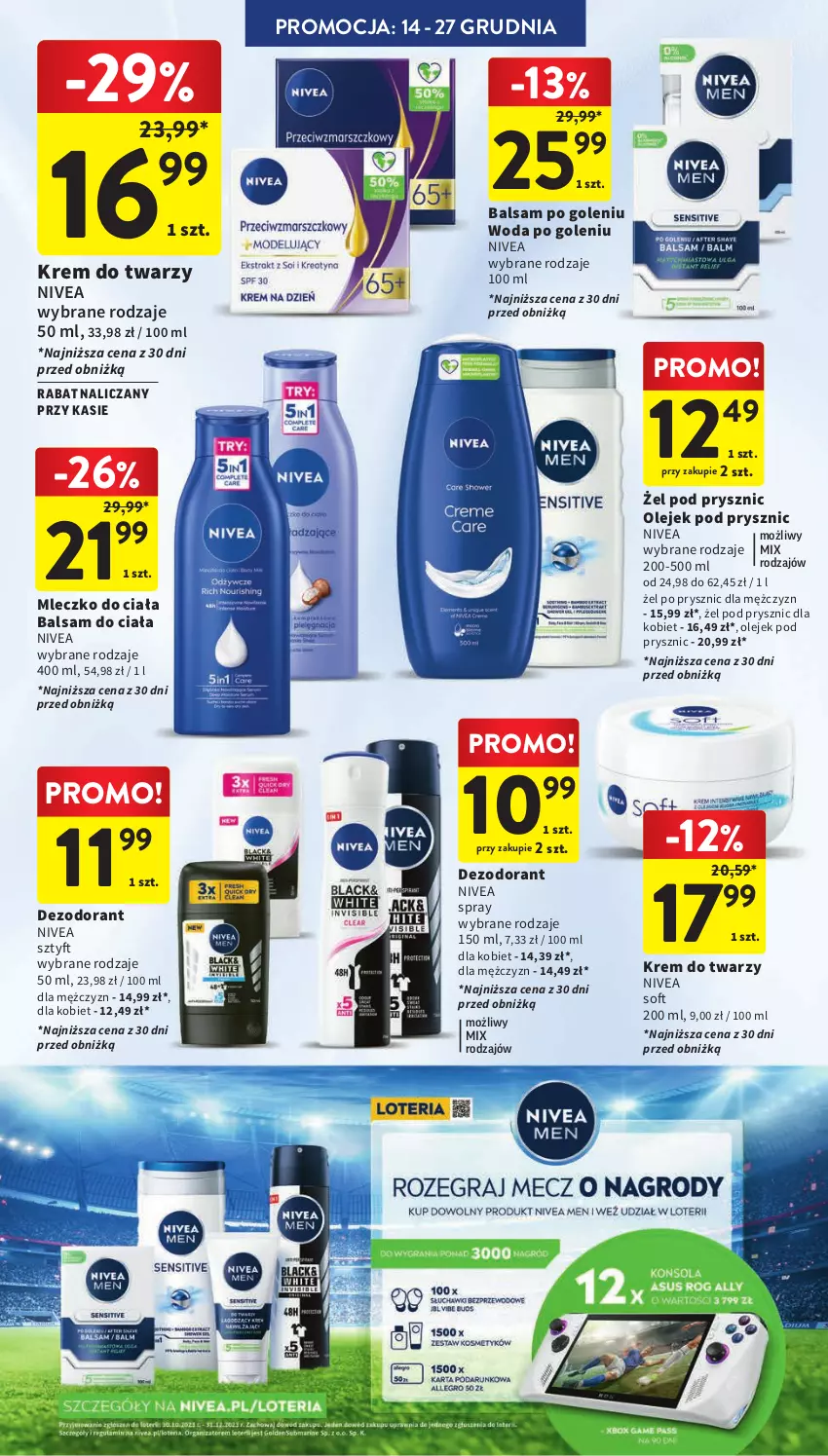 Gazetka promocyjna Intermarche - Gazetka Intermarche - ważna 07.12 do 13.12.2023 - strona 45 - produkty: Balsam do ciała, Balsam po goleniu, Dezodorant, Krem do twarzy, Mleczko, Mleczko do ciała, Nivea, Olej, Olejek pod prysznic, Woda, Woda po goleniu