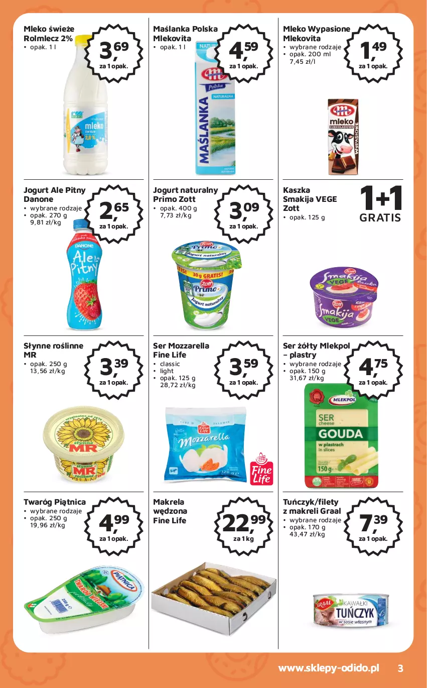 Gazetka promocyjna Odido - Gazetka - ważna 14.07 do 27.07.2023 - strona 3 - produkty: Danone, Gra, Graal, Jogurt, Jogurt naturalny, Maślanka, Mleko, Mlekovita, Mozzarella, Piątnica, Rolmlecz, Ser, Słynne, Smakija, Tuńczyk, Twaróg, Zott