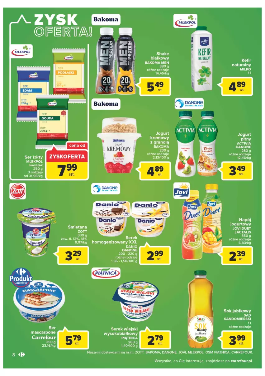 Gazetka promocyjna Carrefour - Gazetka Carrefour - ważna 02.08 do 13.08.2022 - strona 8 - produkty: Activia, Bakoma, Danio, Danone, Gra, Jogurt, Jogurt pitny, Kawa, Kefir, Kefir naturalny, Mascarpone, Napój, Napój jogurtowy, Ocet, Piątnica, Ser, Serek, Serek wiejski, Sok, Sok jabłkowy, Wałek, Zott