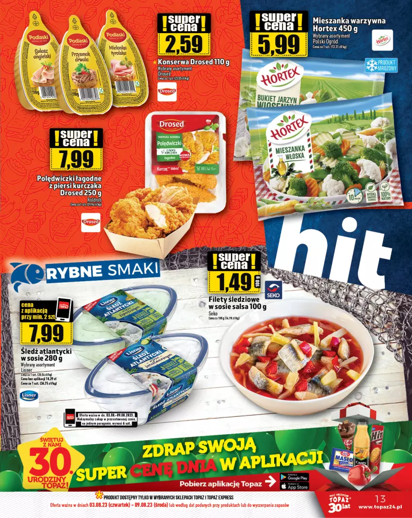 Gazetka promocyjna Topaz - Gazetka - ważna 03.08 do 09.08.2023 - strona 13 - produkty: Hortex, Mieszanka warzyw, Ogród, Salsa, Ser, Sos, Top