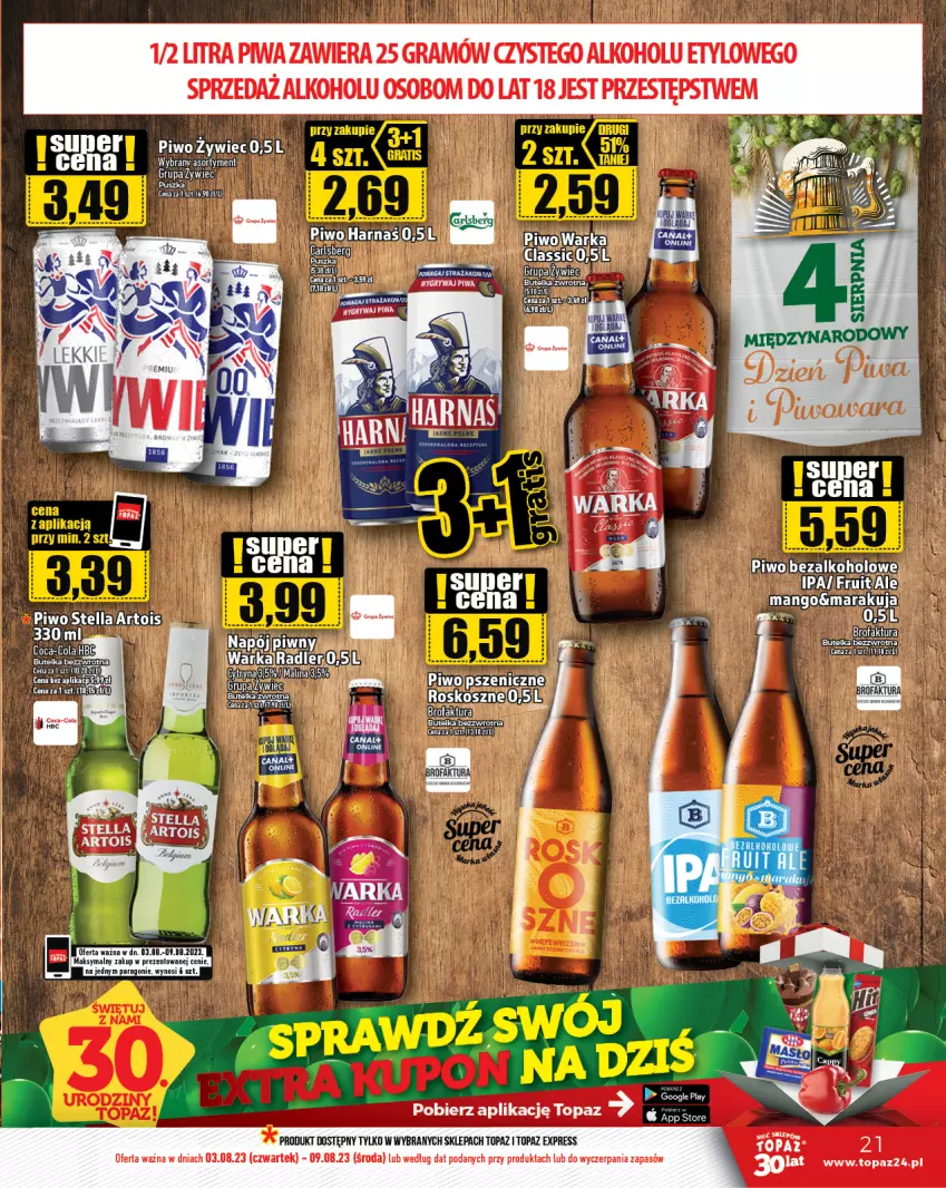 Gazetka promocyjna Topaz - Gazetka - ważna 03.08 do 09.08.2023 - strona 21 - produkty: Carlsberg, Fa, Gra, Gry, Harnaś, Kosz, Napój, Piwa, Piwo, Top, Warka