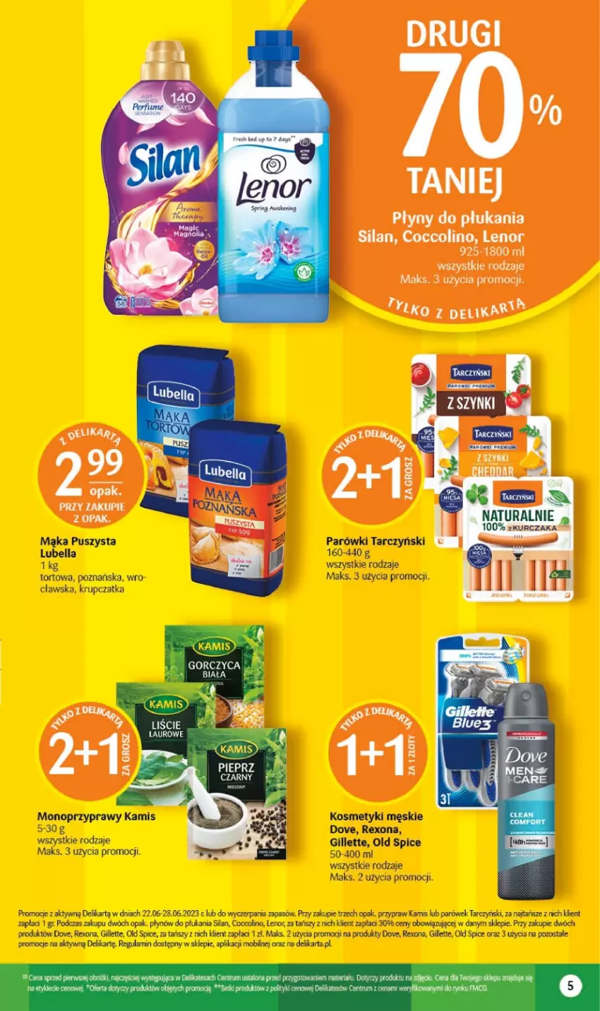 Gazetka promocyjna Delikatesy Centrum - Gazetka DC24-23 - ważna 22.06 do 28.06.2023 - strona 5 - produkty: Bell, Bella, Coccolino, Dove, Gillette, Kamis, Lenor, Lubella, Mąka, Mobil, Old Spice, Parówki, Przyprawy, Rexona, Silan, Tarczyński