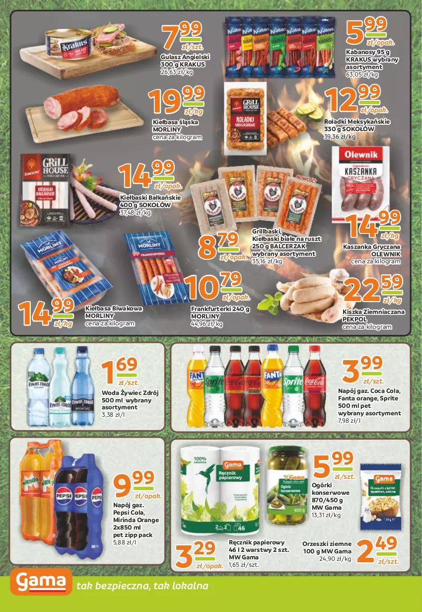 Gazetka promocyjna Gama - Gazetka Gama - ważna 11.07 do 23.07.2024 - strona 4 - produkty: Fa, Fanta, Frankfurterki, Gra, Grill, Gry, Kabanos, Kasza, Kaszanka, Kiełbasa, Kiełbasa śląska, Kiełbaski białe, Krakus, Mirinda, Morliny, Napój, Ogórki konserwowe, Olewnik, Orzeszki, Orzeszki ziemne, Papier, Pekpol, Pepsi, Piec, Ręcznik, Ser, Sok, Sokołów, Sprite, Woda