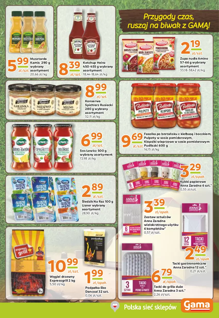 Gazetka promocyjna Gama - Gazetka Gama - ważna 11.07 do 23.07.2024 - strona 5 - produkty: Fa, Grill, Heinz, Kamis, Ketchup, Klopsiki, Lisner, Mus, Musztarda, Papier, Pudliszki, Pulpety, Ser, Sos, Spichlerz Rusiecki, Węgiel drzewny, Zestaw sztućców, Zupa