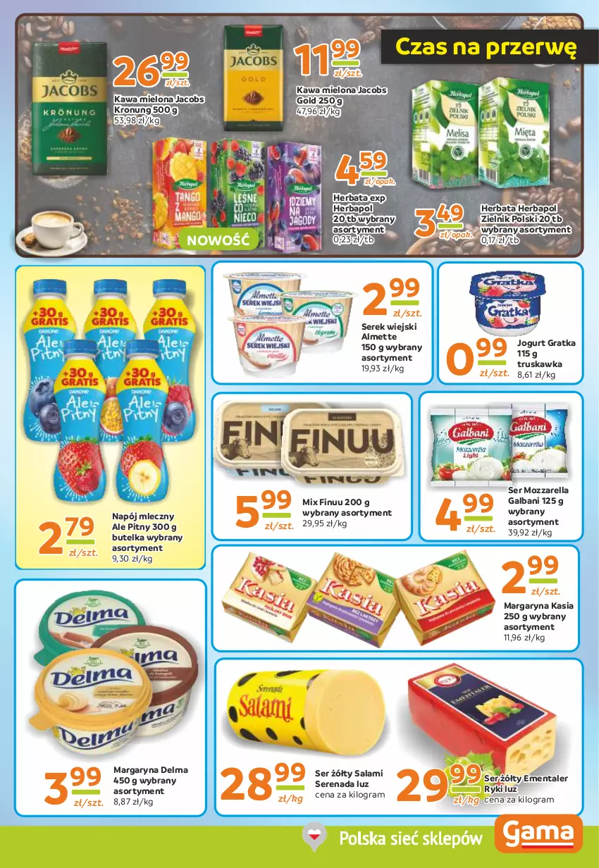 Gazetka promocyjna Gama - Gazetka Gama - ważna 11.07 do 23.07.2024 - strona 7 - produkty: Almette, Delma, Ementaler, Finuu, Galbani, Gra, Herbapol, Herbata, Jacobs, Jogurt, Kasia, Kawa, Kawa mielona, Margaryna, Mozzarella, Napój, Napój mleczny, Salami, Ser, Serek, Serek wiejski