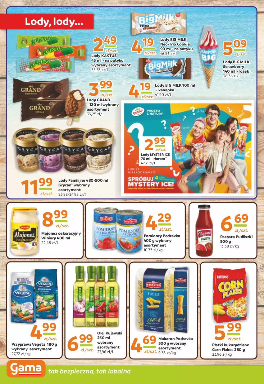 Gazetka promocyjna Gama - Gazetka Gama - ważna 11.07 do 23.07.2024 - strona 8 - produkty: Big Milk, Corn flakes, Fa, Gra, Gry, Hortex, Kaktus, Kujawski, Lody, Majonez, Makaron, Olej, Piec, Podravka, Pomidory, Pudliszki, Vegeta, Winiary