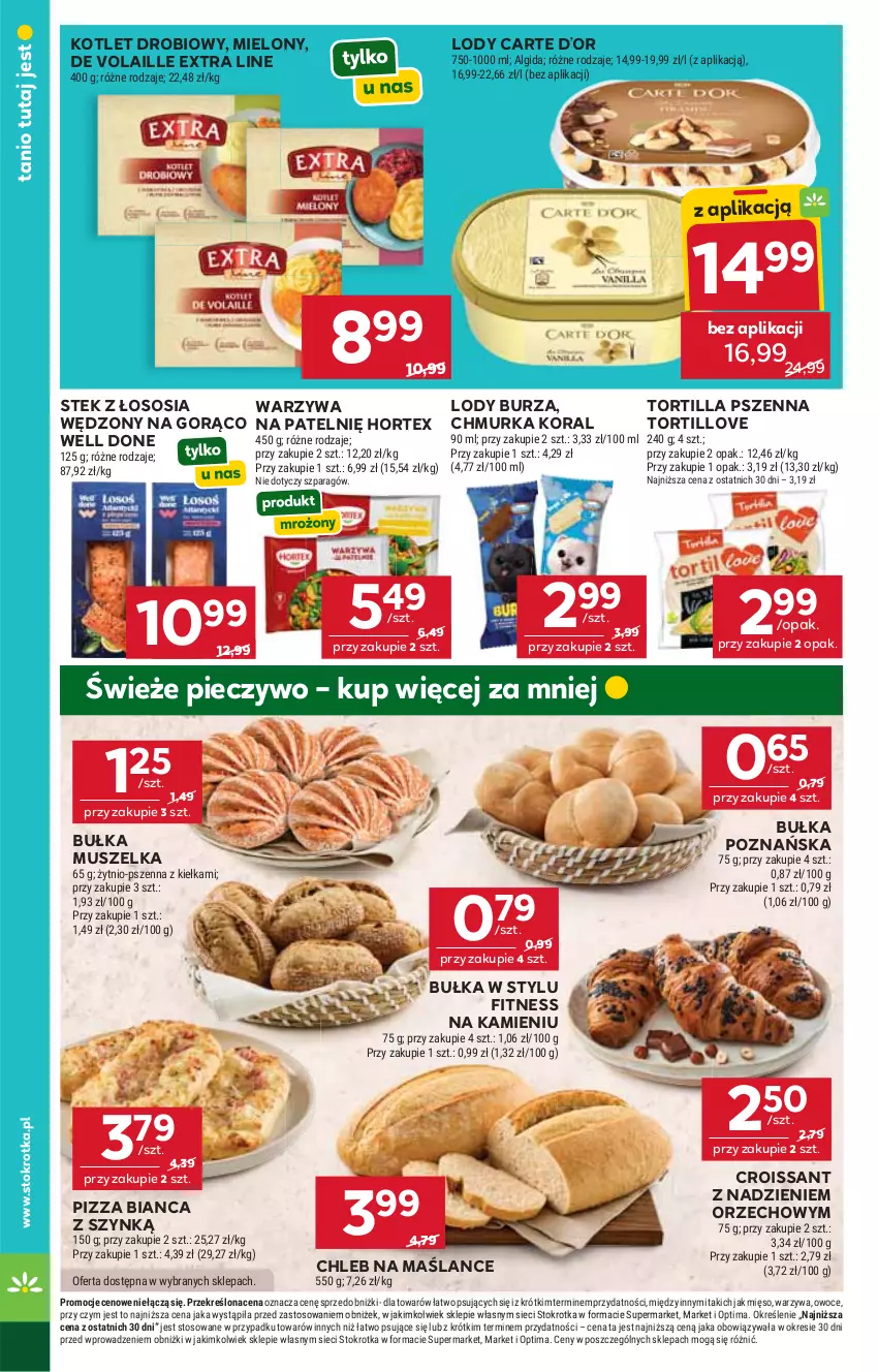 Gazetka promocyjna Stokrotka - Supermarket - ważna 11.06 do 17.06.2026 - strona 12 - produkty: Algida, Bułka, Chleb, Croissant, Hortex, Kotlet, LG, Lody, Mięso, Mus, Optima, Owoce, Piec, Pieczywo, Pizza, Sos, Stek, Tortilla, Warzywa