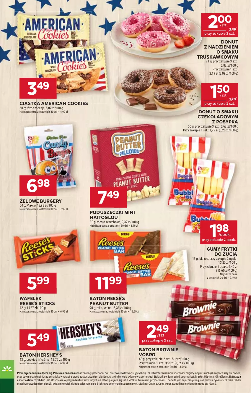 Gazetka promocyjna Stokrotka - Supermarket - ważna 11.06 do 17.06.2026 - strona 18 - produkty: Baton, Brownie, Burger, Ciastka, Donut, Frytki, Masło, Masło orzechowe, Mięso, Optima, Owoce, Wafelek, Warzywa