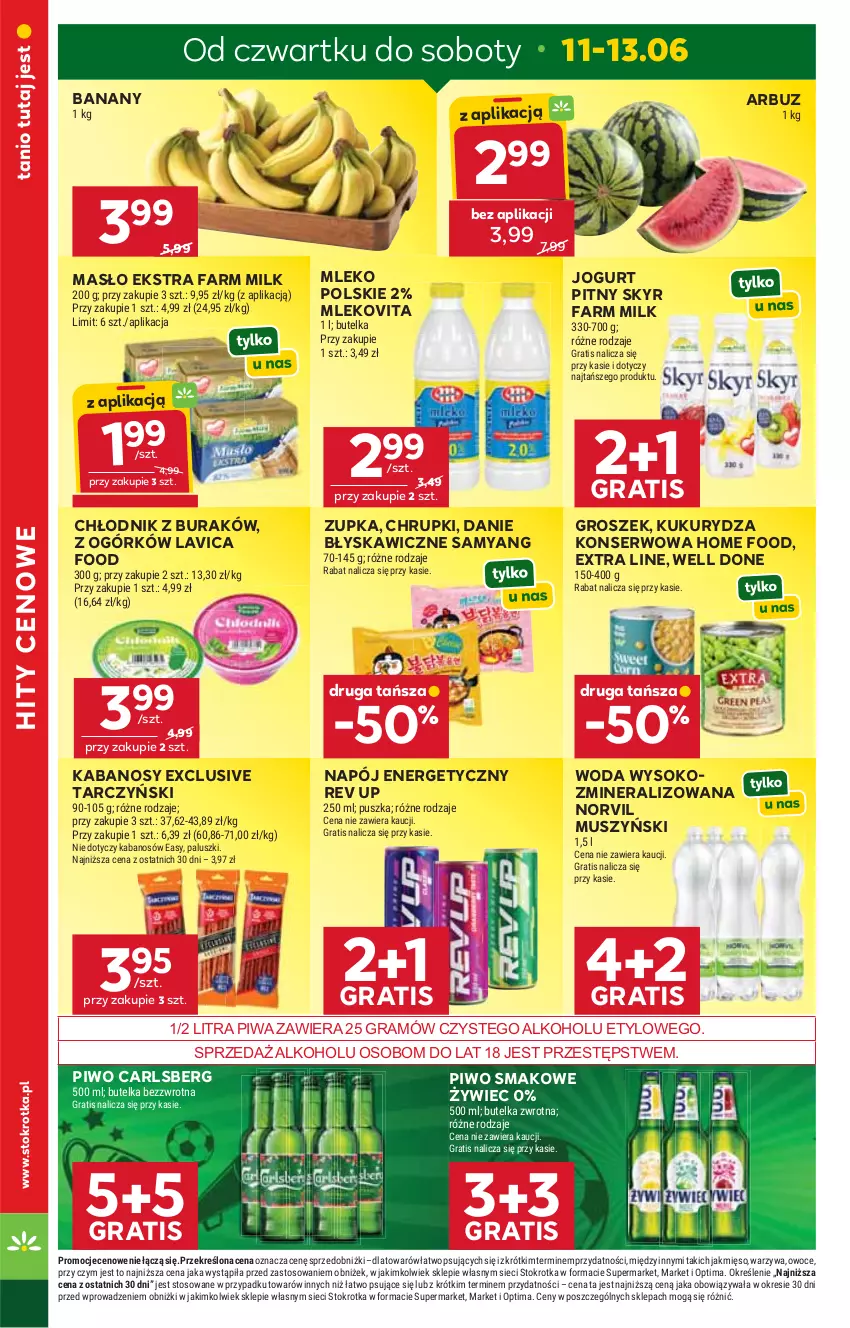 Gazetka promocyjna Stokrotka - Supermarket - ważna 11.06 do 17.06.2026 - strona 2 - produkty: Arbuz, Banany, Carlsberg, Chrupki, Fa, Farm Milk, Gra, Groszek, Jogurt, Jogurt pitny, Kabanos, Kukurydza, Kukurydza konserwowa, Masło, Mięso, Mleko, Mlekovita, Mus, Napój, Napój energetyczny, Optima, Owoce, Piwa, Piwo, Ser, Sok, Tarczyński, Warzywa, Woda