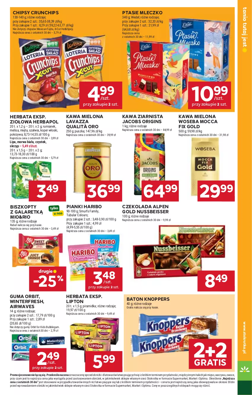 Gazetka promocyjna Stokrotka - Supermarket - ważna 11.06 do 17.06.2026 - strona 21 - produkty: Baton, Biszkopty, Chipsy, Crunchips, Czekolada, Fa, Gala, Gin, Gra, Haribo, Herbapol, Herbata, Jacobs, Kawa, Kawa mielona, Kawa ziarnista, Knoppers, Koper włoski, Lavazza, Lipton, Mięso, Mięta, Mleczko, Mocca Fix Gold, Optima, Orbit, Owoce, Ptasie mleczko, Rum, Ser, Stek, Warzywa, Woseba