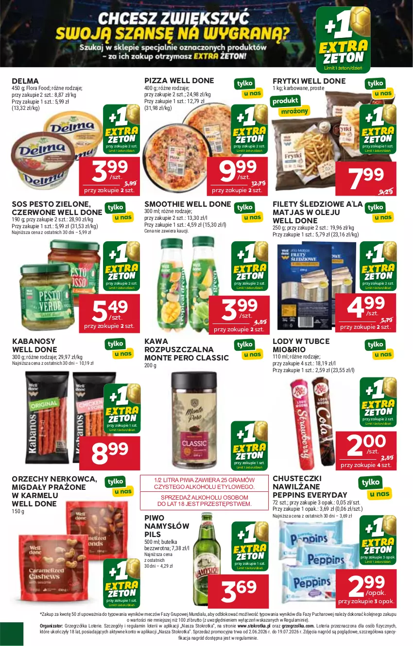 Gazetka promocyjna Stokrotka - Supermarket - ważna 11.06 do 17.06.2026 - strona 24 - produkty: Chusteczki, Delma, Fa, Flora, Frytki, Gra, Kabanos, Kawa, Kawa rozpuszczalna, Lody, Matjas, Migdały, Monte, Namysłów, Olej, Pesto, Piwa, Piwo, Pizza, Smoothie, Sos