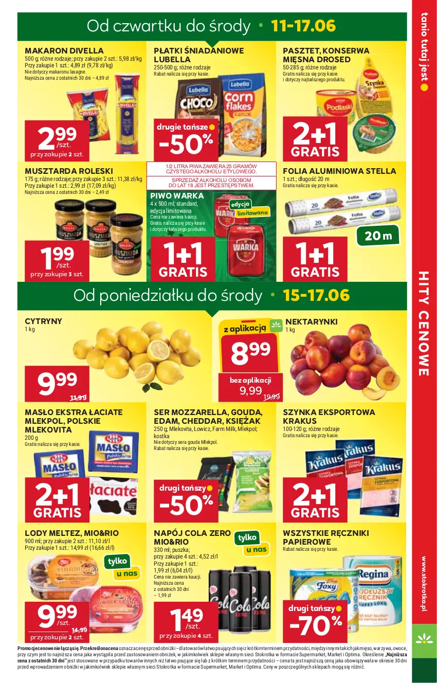 Gazetka promocyjna Stokrotka - Supermarket - ważna 11.06 do 17.06.2026 - strona 3 - produkty: Bell, Bella, Cheddar, Cytryny, Danio, Edam, Fa, Farm Milk, Folia aluminiowa, Gouda, Gra, Krakus, Lasagne, Lody, Lubella, Makaron, Masło, Mięso, Mleko, Mlekovita, Mozzarella, Mus, Musztarda, Napój, Nektar, Optima, Owoce, Papier, Pasztet, Piwa, Piwo, Por, Ręcznik, Ręczniki papierowe, Ser, Sport, Szynka, Warka, Warzywa