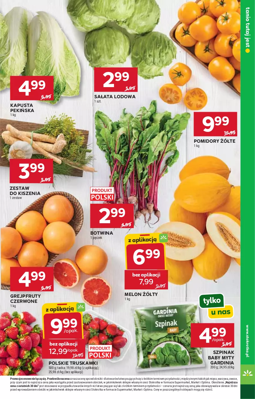 Gazetka promocyjna Stokrotka - Supermarket - ważna 11.06 do 17.06.2026 - strona 5 - produkty: Grejpfrut, Melon, Mięso, Optima, Owoce, Pomidory, Sałat, Sałata lodowa, Szpinak, Truskawki, Warzywa