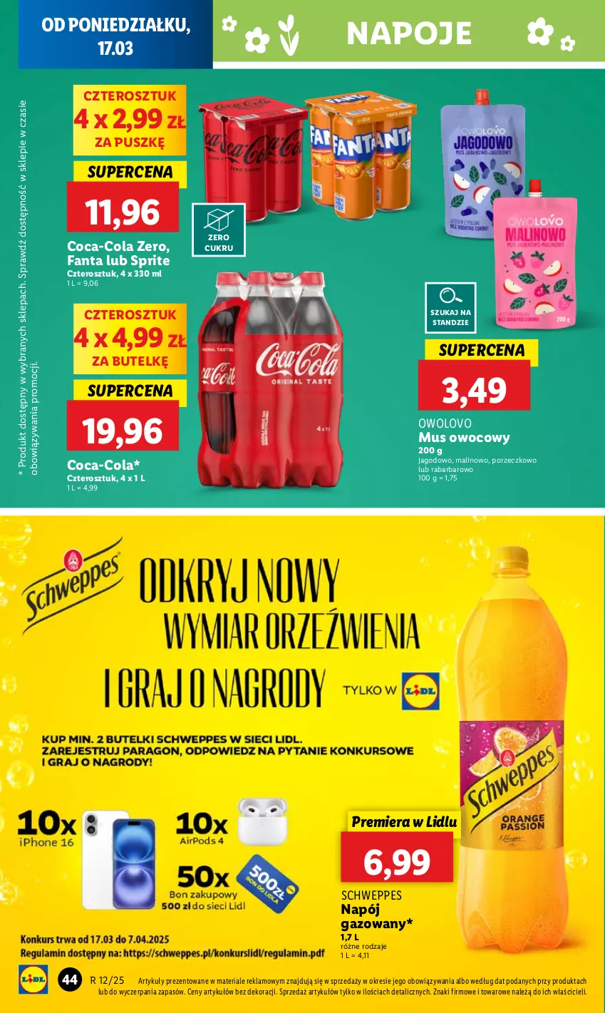 Gazetka promocyjna Lidl - GAZETKA - ważna 17.03 do 19.03.2025 - strona 44 - produkty: Coca-Cola, Fa, Fanta, Mus, Napój, Napój gazowany, Napoje, Por, Schweppes, Sprite