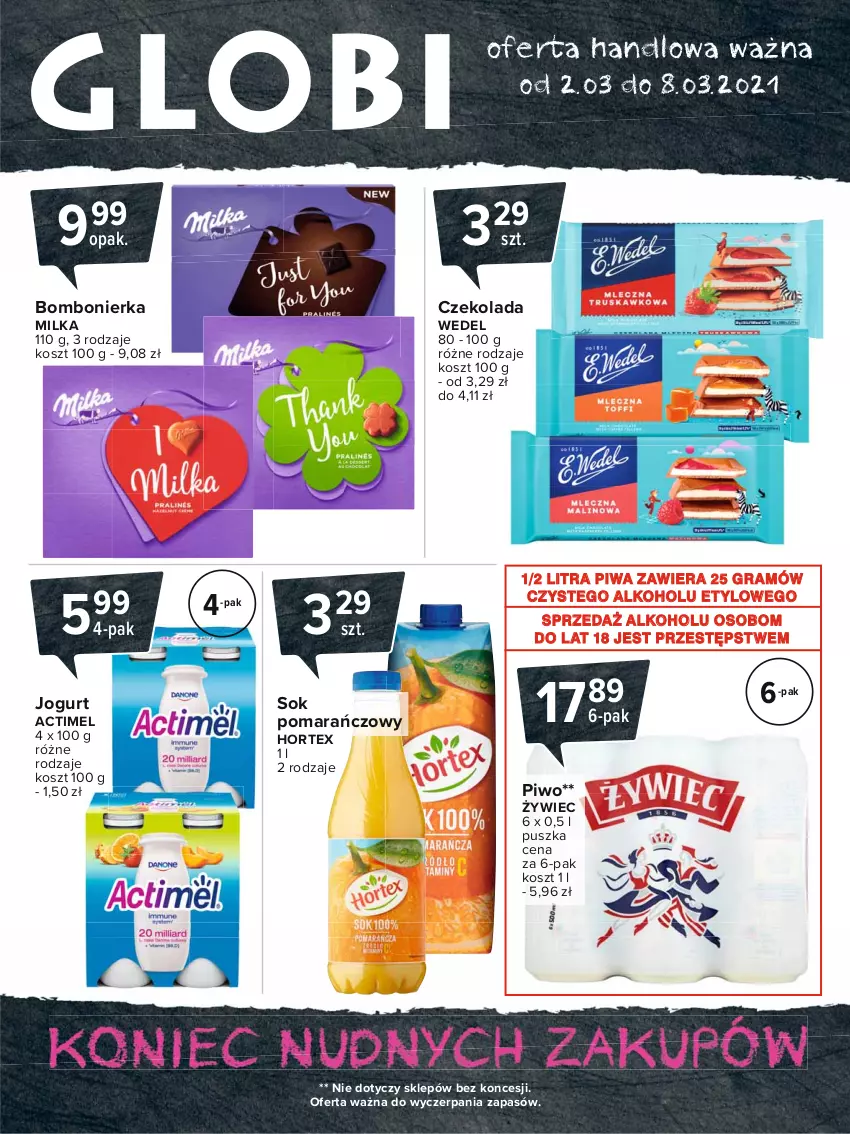 Gazetka promocyjna Carrefour - Gazetka Globi - ważna 01.03 do 08.03.2021 - strona 2 - produkty: Actimel, Czekolada, Gra, Hortex, Jogurt, Kosz, Milka, Piwa, Piwo, Sok, Sok pomarańczowy