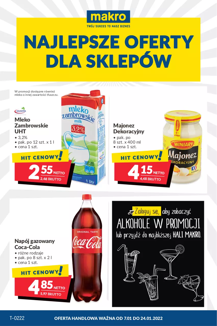 Gazetka promocyjna Makro - [Oferta promocyjna] Artykuły spożywcze i przemysłowe - ważna 07.01 do 24.01.2022 - strona 1 - produkty: Coca-Cola, Majonez, Mleko, Napój, Napój gazowany