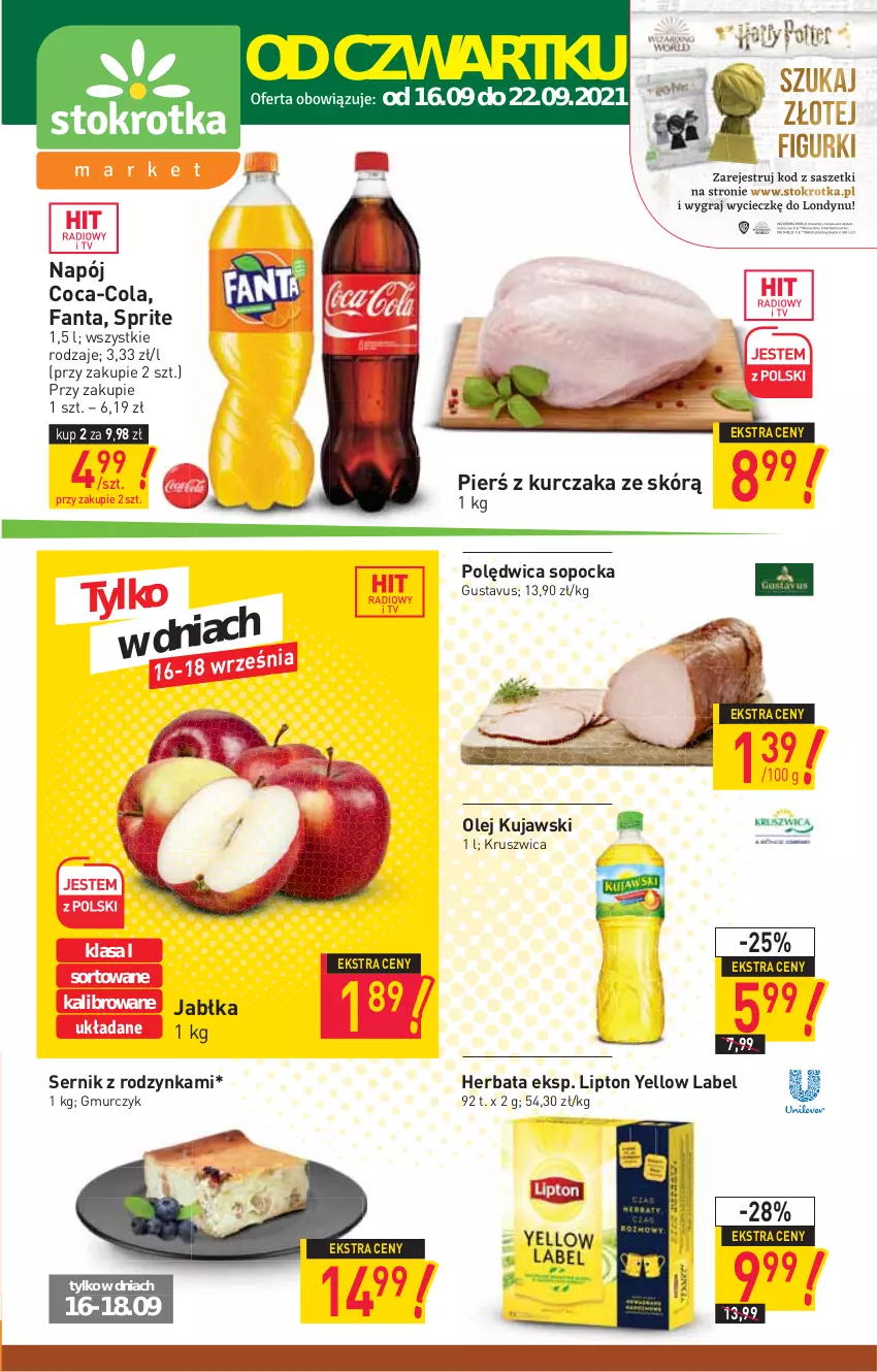 Gazetka promocyjna Stokrotka - Market - ważna 16.09 do 22.09.2021 - strona 1 - produkty: Coca-Cola, Fa, Fanta, Herbata, Jabłka, Kujawski, Kurczak, Lipton, Napój, Olej, Polędwica, Ser, Sprite