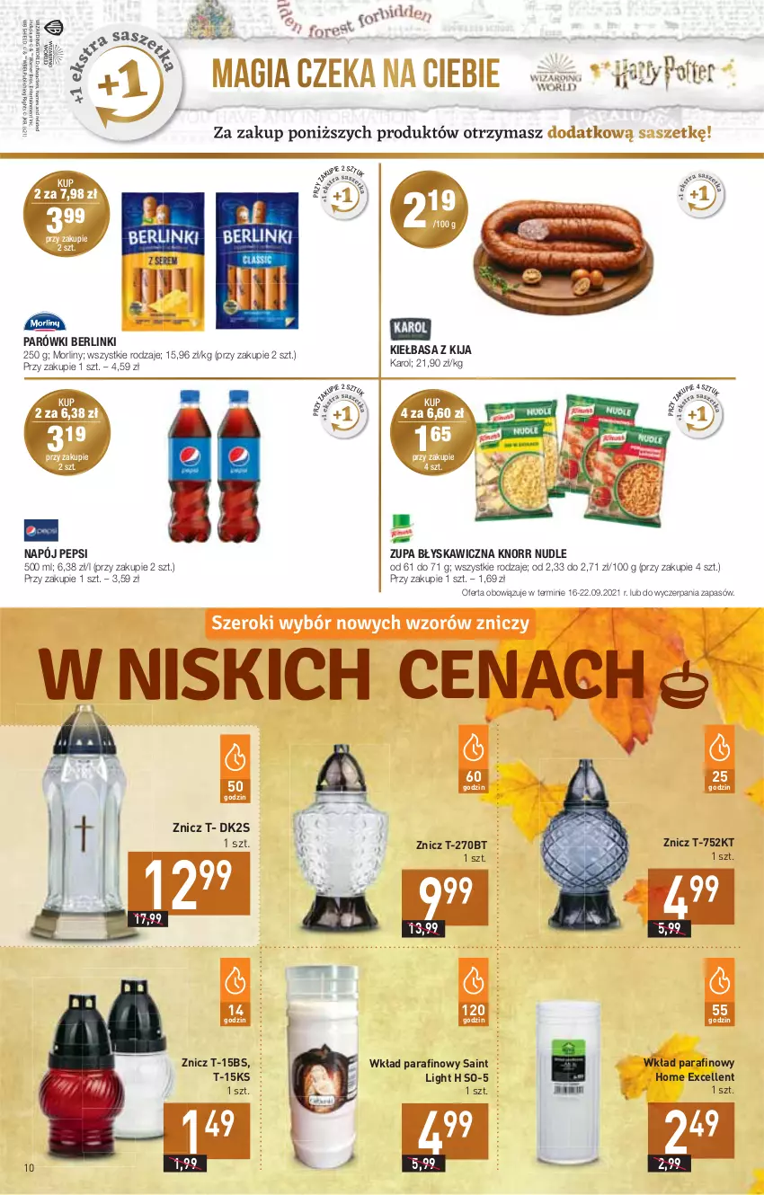 Gazetka promocyjna Stokrotka - Market - ważna 16.09 do 22.09.2021 - strona 10 - produkty: Berlinki, K2, Kiełbasa, Knorr, Morliny, Napój, Parówki, Pepsi, Znicz, Zupa