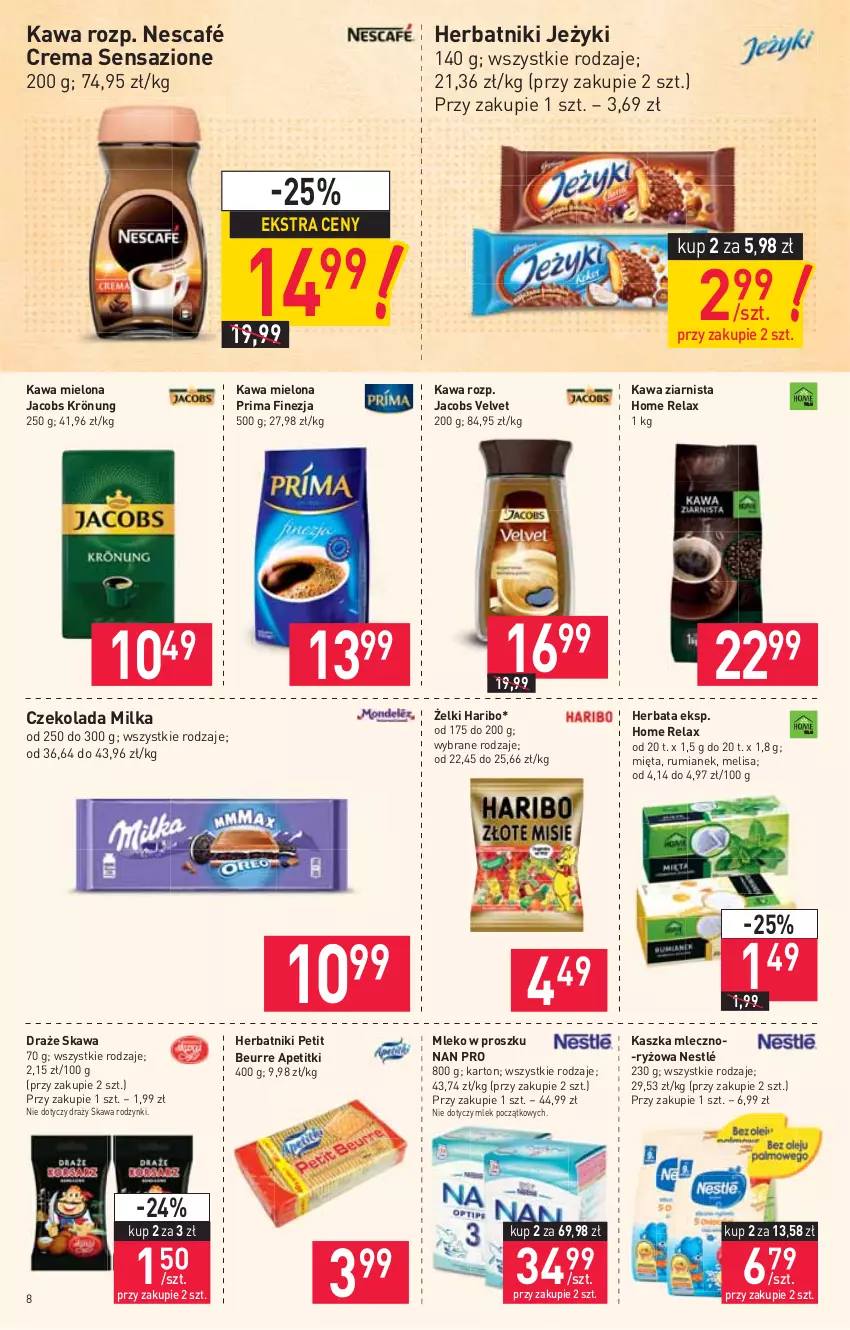 Gazetka promocyjna Stokrotka - Market - ważna 16.09 do 22.09.2021 - strona 8 - produkty: Czekolada, Haribo, Herbata, Herbatniki, Herbatniki Petit Beurre, Jacobs, Jacobs Krönung, Jacobs Velvet, Jeżyki, Kawa, Kawa mielona, Kawa ziarnista, Mięta, Milka, Mleko, Mleko w proszku, Nescafé, Nestlé, Prima, Rodzynki, Rum, Ryż, Velvet