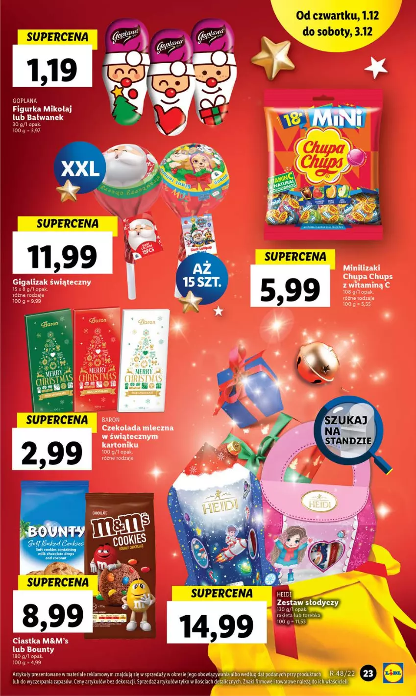 Gazetka promocyjna Lidl - GAZETKA - ważna 01.12 do 03.12.2022 - strona 23 - produkty: Bounty, Chupa Chups, Czekolada, Czekolada mleczna, Lizaki, Rakieta, Torebka