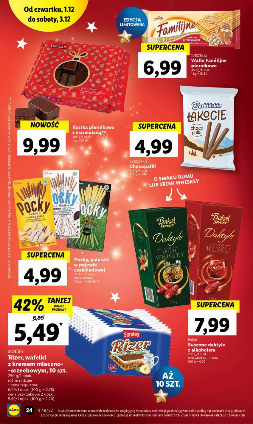 Gazetka promocyjna Lidl - GAZETKA - ważna 01.12 do 03.12.2022 - strona 24 - produkty: Alkohole, Beskidzki, Daktyle, Fa, Jutrzenka, Mola, Piernik, Rum, Wafle, Whiskey