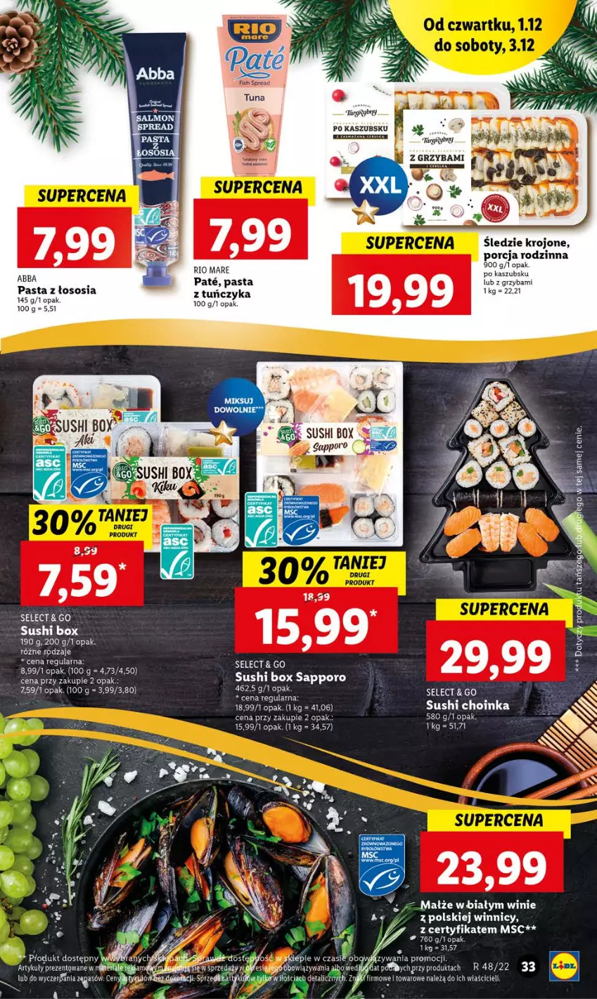 Gazetka promocyjna Lidl - GAZETKA - ważna 01.12 do 03.12.2022 - strona 33 - produkty: Choinka, Fa, Gry, Inka, Małże, Por, Rio Mare, Sos, Sushi, Tuńczyk