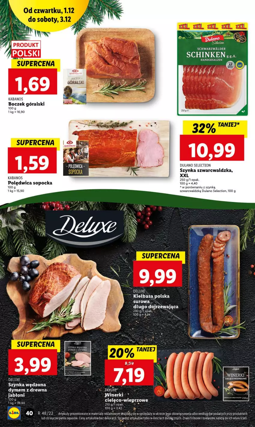 Gazetka promocyjna Lidl - GAZETKA - ważna 01.12 do 03.12.2022 - strona 40 - produkty: Boczek, Dulano, Kabanos, Kiełbasa, LG, Polędwica, Por, Szynka