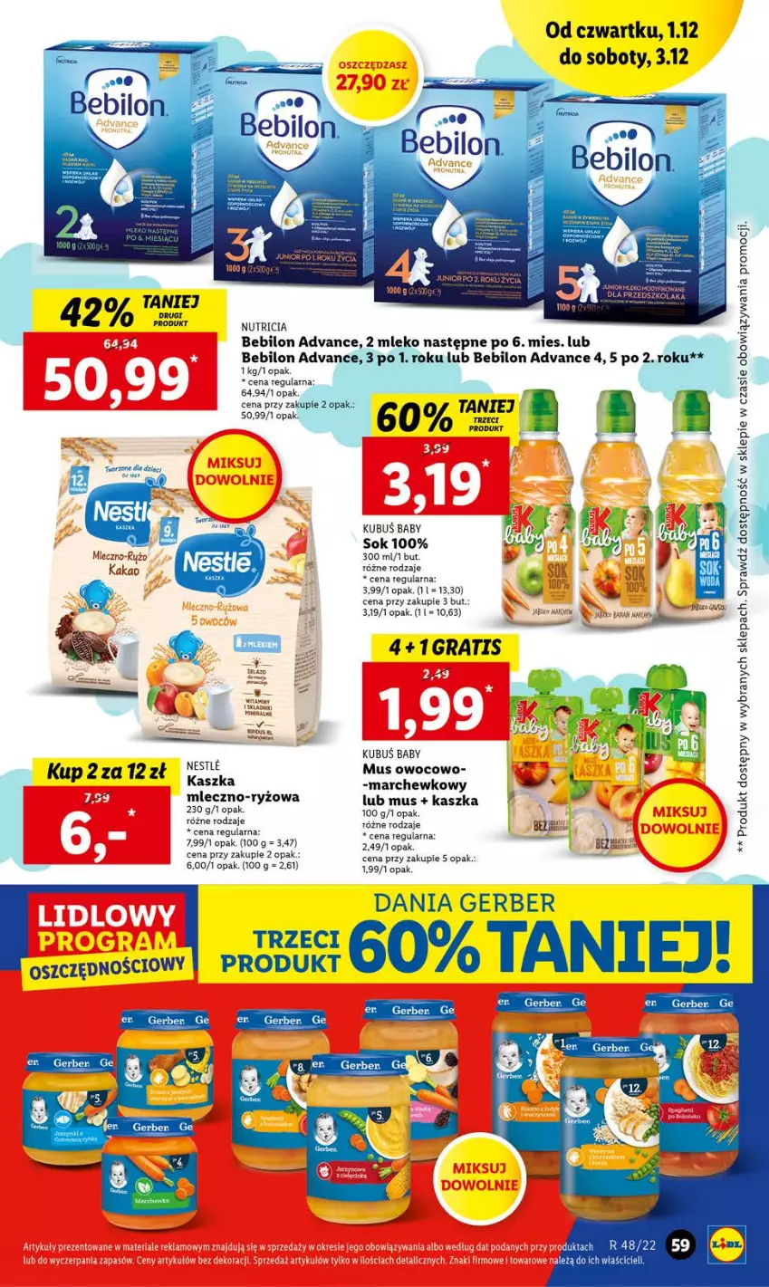 Gazetka promocyjna Lidl - GAZETKA - ważna 01.12 do 03.12.2022 - strona 59 - produkty: BEBILON, Gerber, Gra, Kakao, Kubuś, Mleko, Mus, O nas, Ryż, Sok