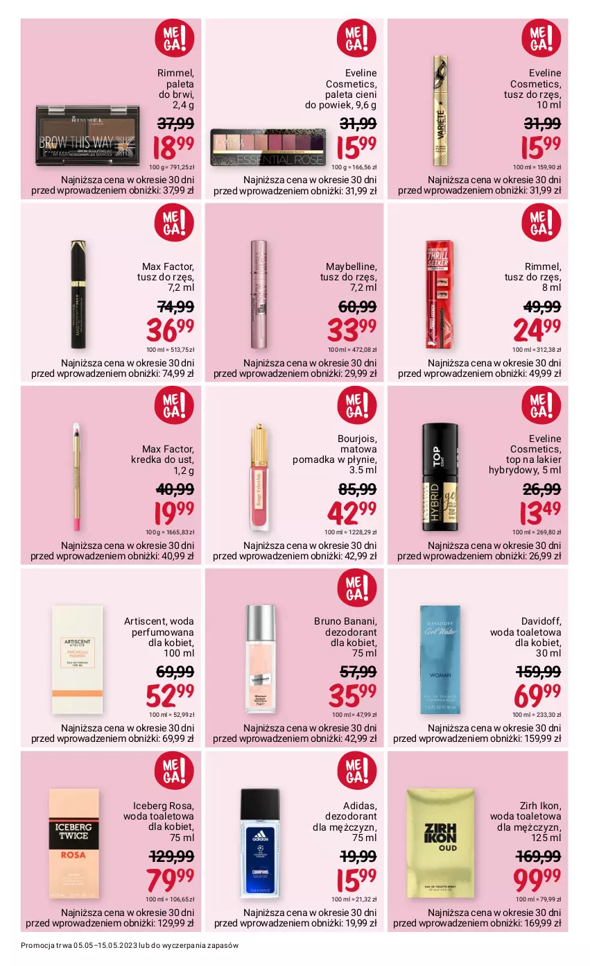 Gazetka promocyjna Rossmann - 5 maja - ważna 05.05 do 15.05.2023 - strona 5 - produkty: Adidas, Bell, Bourjois, Bruno Banani, Davidoff, Dezodorant, Eveline, Fa, Kredka, Lakier, Lakier hybrydowy, Max Factor, Maybelline, Paleta, Perfum, Top, Tusz, Woda, Woda perfumowana, Woda toaletowa