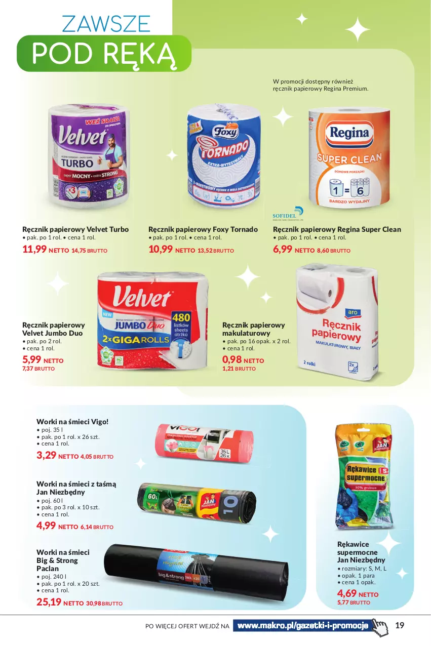 Gazetka promocyjna Makro - [Oferta specjalna] Wiosenne porządki - ważna 22.03 do 04.04.2022 - strona 19 - produkty: Foxy, Gin, Jan Niezbędny, Papier, Ręcznik, Rękawice, Velvet, Worki na śmiec, Worki na śmieci