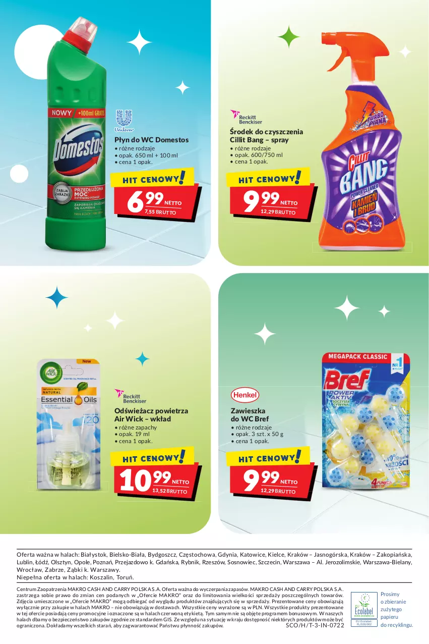 Gazetka promocyjna Makro - [Oferta specjalna] Wiosenne porządki - ważna 22.03 do 04.04.2022 - strona 20 - produkty: Air Wick, Bref, Cillit Bang, Domestos, Gra, Kosz, Odświeżacz powietrza, Papier, Piec, Płyn do wc, Rum, Sos, Szal, Zawieszka do wc