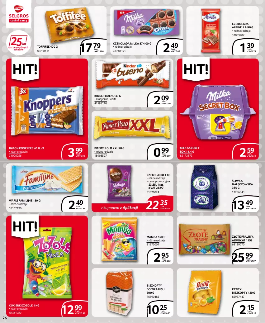 Gazetka promocyjna Selgros - Extra Oferta - ważna 01.03 do 31.03.2022 - strona 26 - produkty: Baton, Biszkopty, Cukier, Cukierki, Czekolada, Fa, Kinder, Kinder Bueno, Knoppers, Mamba, Milka, Praliny, Prince Polo, Toffifee, Wafle