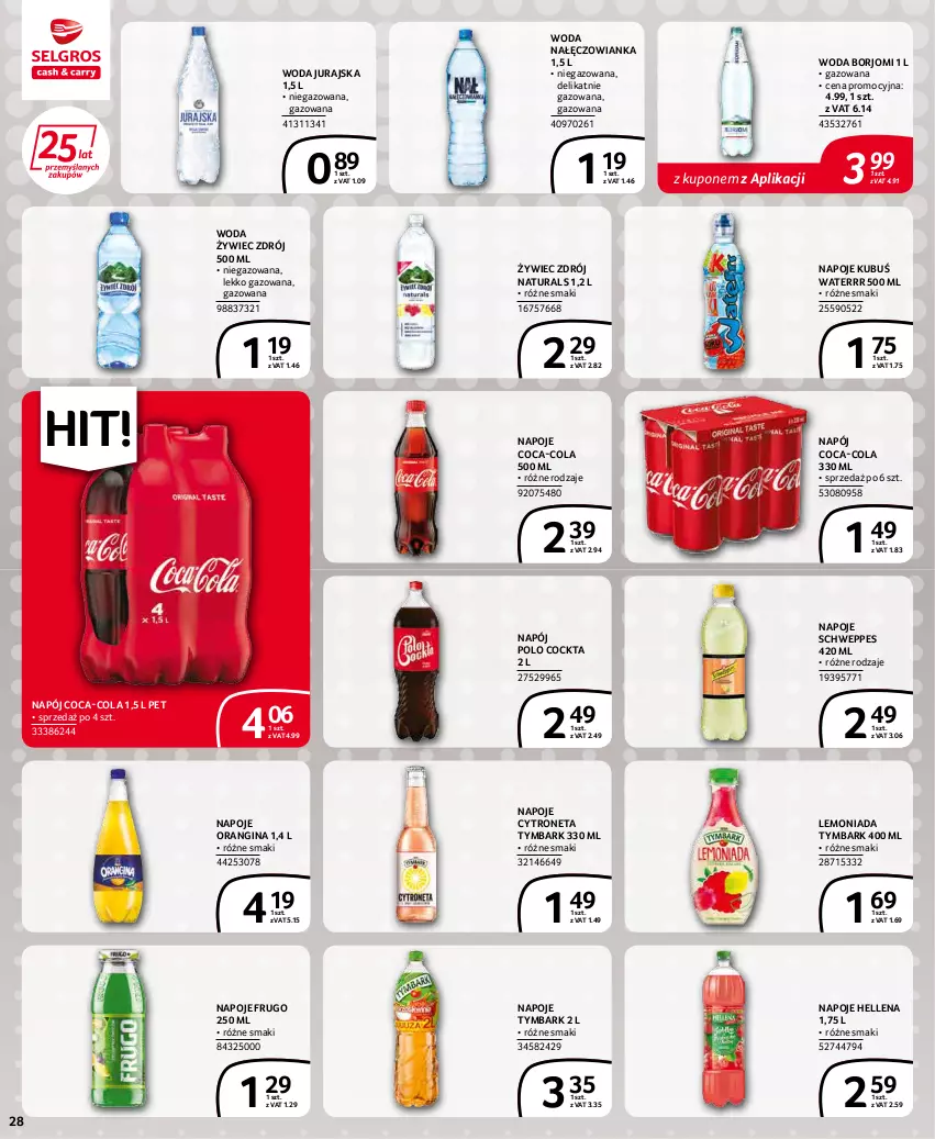 Gazetka promocyjna Selgros - Extra Oferta - ważna 01.03 do 31.03.2022 - strona 28 - produkty: Coca-Cola, Gin, Hellena, Kubuś, Kubuś Waterrr, Lemoniada, Nałęczowianka, Napój, Napoje, Schweppes, Tymbark, Woda