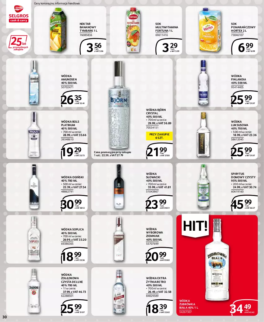 Gazetka promocyjna Selgros - Extra Oferta - ważna 01.03 do 31.03.2022 - strona 30 - produkty: Amundsen, Bols, Finlandia, Fortuna, Hortex, Nektar, Nektar bananowy, Ogiński, Sok, Sok pomarańczowy, Soplica, Tymbark, Wódka, Wyborowa