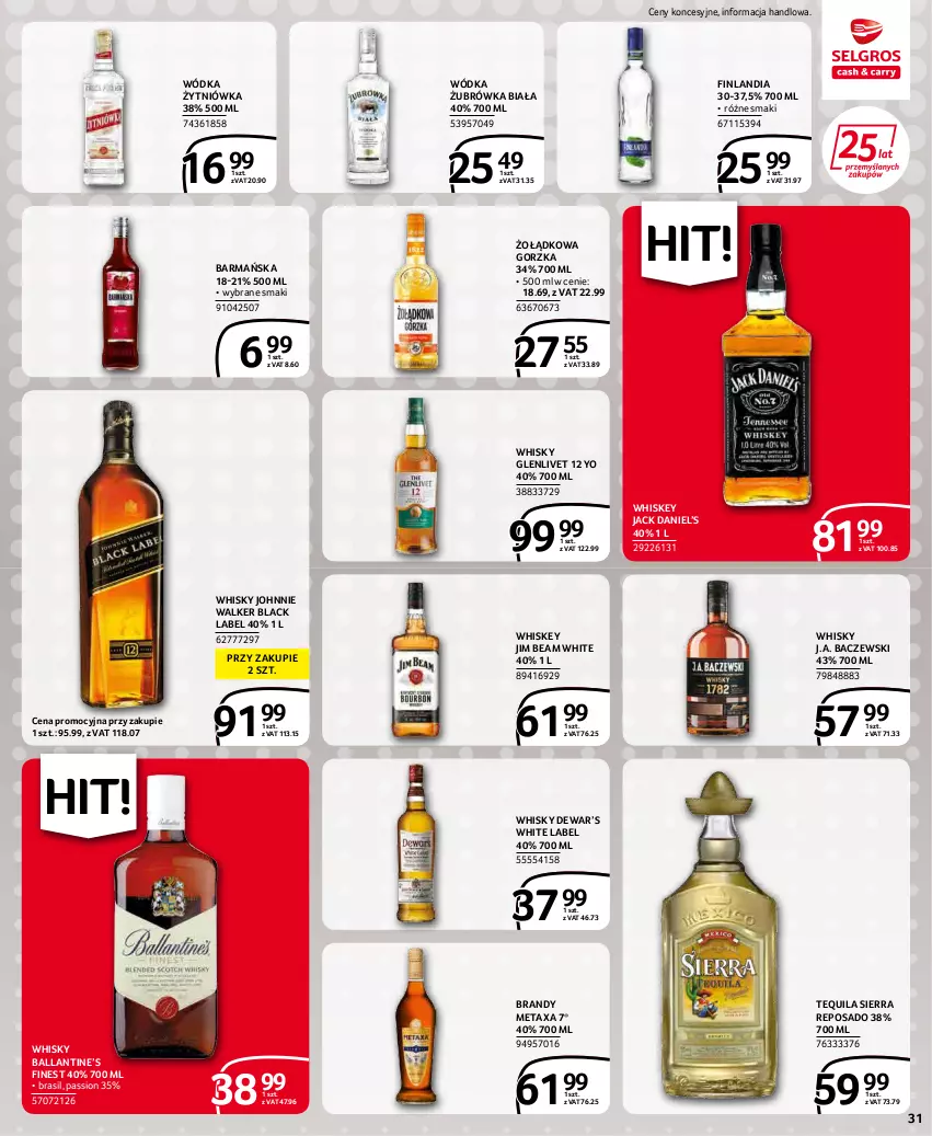 Gazetka promocyjna Selgros - Extra Oferta - ważna 01.03 do 31.03.2022 - strona 31 - produkty: Brandy, Finlandia, Jim Beam, Johnnie Walker, Lack, Metaxa, Tequila, Whiskey, Whisky, Wódka