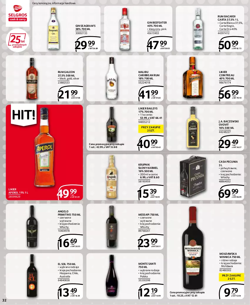 Gazetka promocyjna Selgros - Extra Oferta - ważna 01.03 do 31.03.2022 - strona 32 - produkty: Aperol, Bacardi, Gin, Gra, Krupnik, Lack, Leon, Likier, Malibu, Monte, Monte Santi, Rum