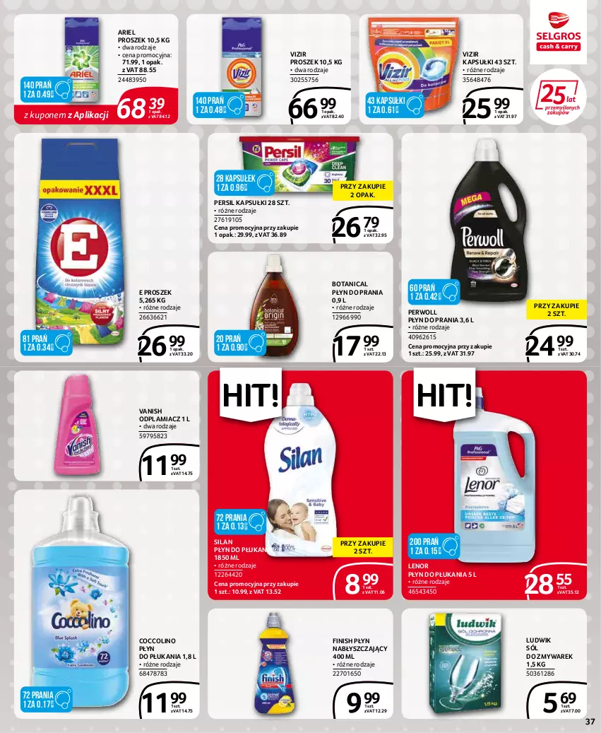 Gazetka promocyjna Selgros - Extra Oferta - ważna 01.03 do 31.03.2022 - strona 37 - produkty: Ariel, Coccolino, Finish, Lenor, Ludwik, Odplamiacz, Persil, Perwoll, Płyn do płukania, Płyn do prania, Płyn nabłyszczający, Silan, Sól, Vanish, Vizir