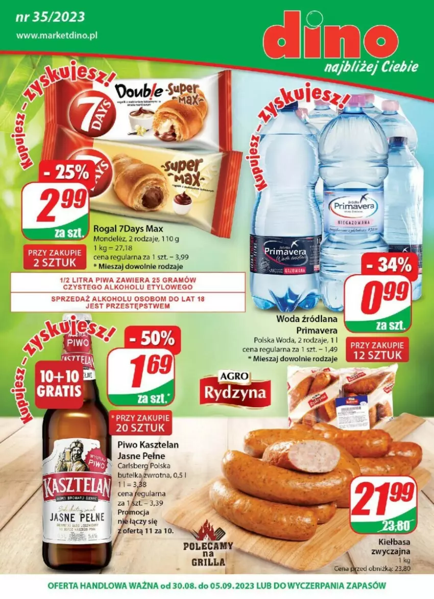 Gazetka promocyjna Dino - ważna 30.08 do 05.09.2023 - strona 1 - produkty: Carlsberg, Grill, JBL, Kasztelan, Kiełbasa, LANA, Piwo, Prima, Primavera, Rogal, Woda