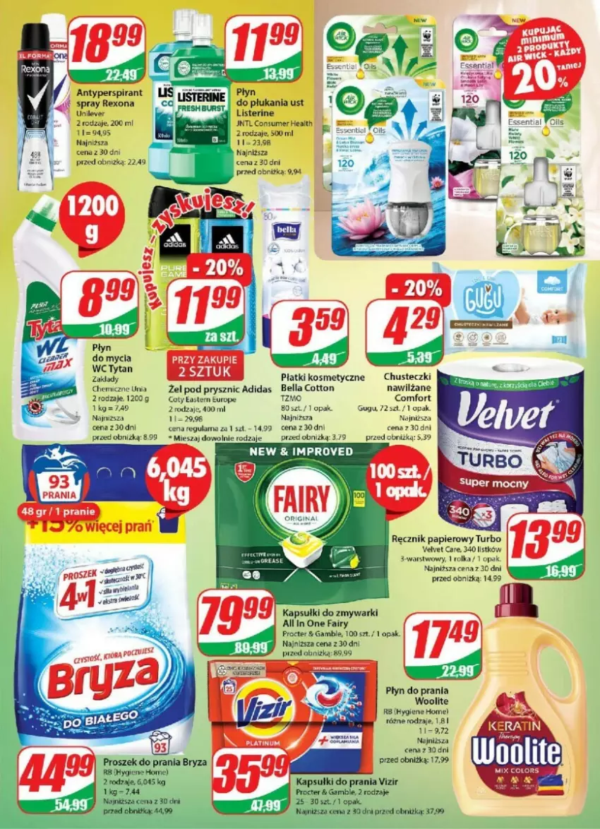 Gazetka promocyjna Dino - ważna 30.08 do 05.09.2023 - strona 16 - produkty: Adidas, Antyperspirant, Bell, Bella, Bryza, Chusteczki, Fa, Fairy, Kapsułki do prania, Listerine, Papier, Płatki kosmetyczne, Płyn do płukania, Płyn do prania, Ręcznik, Rexona, Tytan, Velvet, Vizir, Woolite, Zmywarki