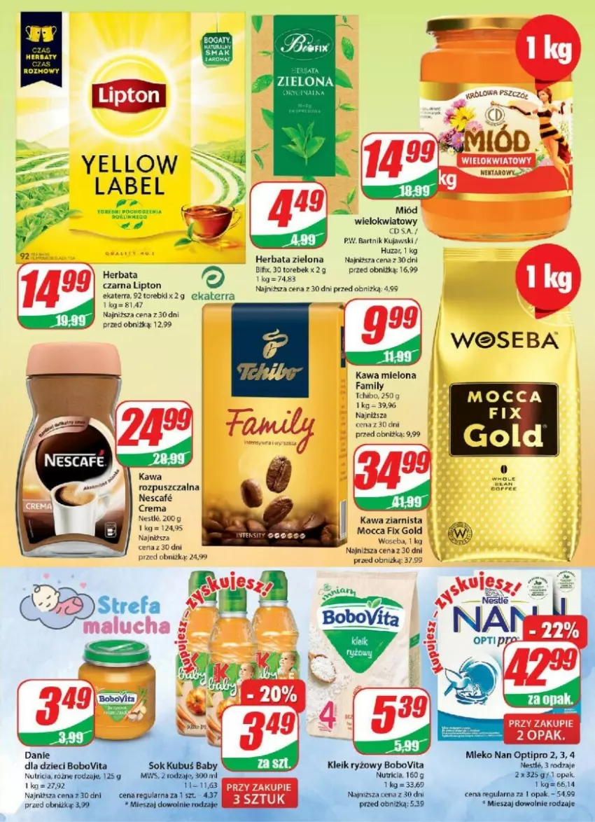 Gazetka promocyjna Dino - ważna 30.08 do 05.09.2023 - strona 20 - produkty: AEG, BoboVita, Danie dla dzieci, Dzieci, Fa, Herbata, Herbata czarna, Kawa, Kawa mielona, Kawa ziarnista, Kujawski, Lipton, Miód, Mleko, Mocca Fix Gold, NAN Optipro, Ryż, Sok, Tchibo, Woseba