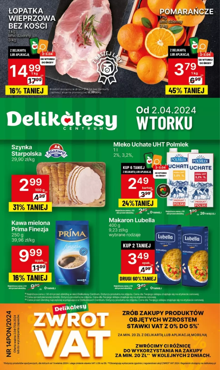 Gazetka promocyjna Delikatesy Centrum - NOWA GAZETKA Delikatesy Centrum od 2 kwietnia! 2-7.04.2024 - ważna 02.04 do 07.04.2024 - strona 1 - produkty: Bell, Bella, Kawa, Kawa mielona, Lubella, Makaron, Mleko, Prima, Rum, Szynka