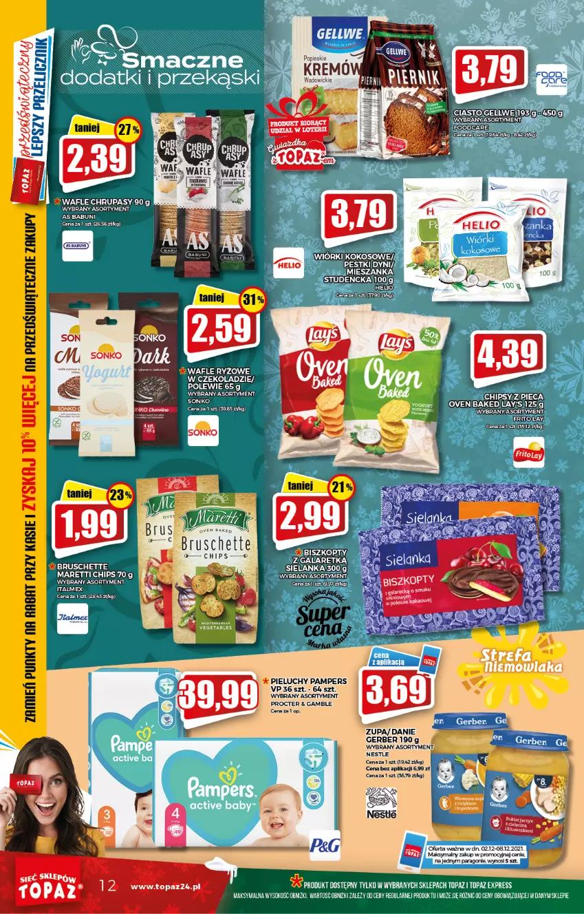 Gazetka promocyjna Topaz - Gazetka - ważna 02.12 do 08.12.2021 - strona 12 - produkty: Babuni, Bruschette, Fa, Gerber, Helio, Pampers, Pieluchy, Ryż, Sok, Sonko, Top, Vegeta, Zupa