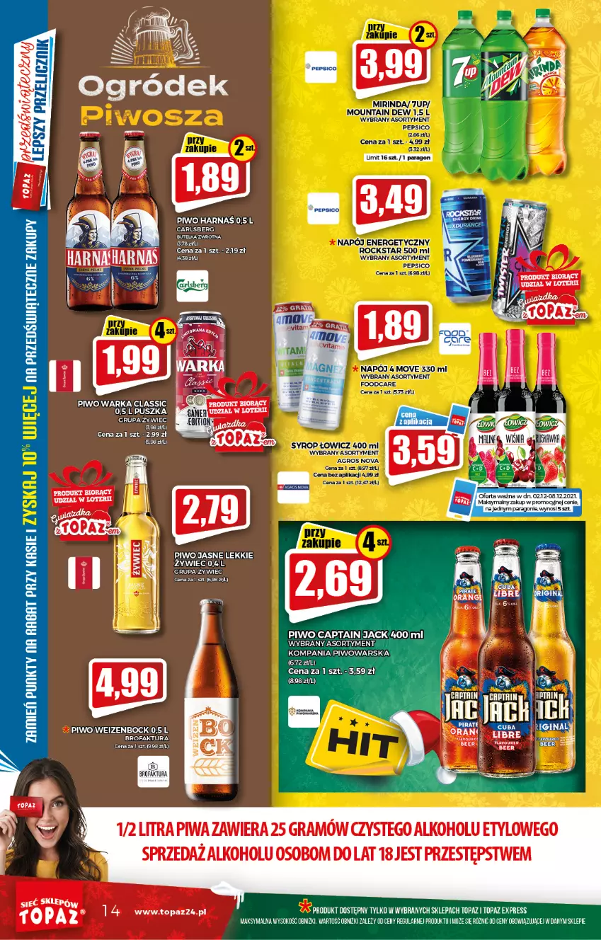 Gazetka promocyjna Topaz - Gazetka - ważna 02.12 do 08.12.2021 - strona 14 - produkty: Captain Jack, Carlsberg, Fa, Gin, Gra, Piwa, Piwo, Piwo jasne, Sok, Top, Warka